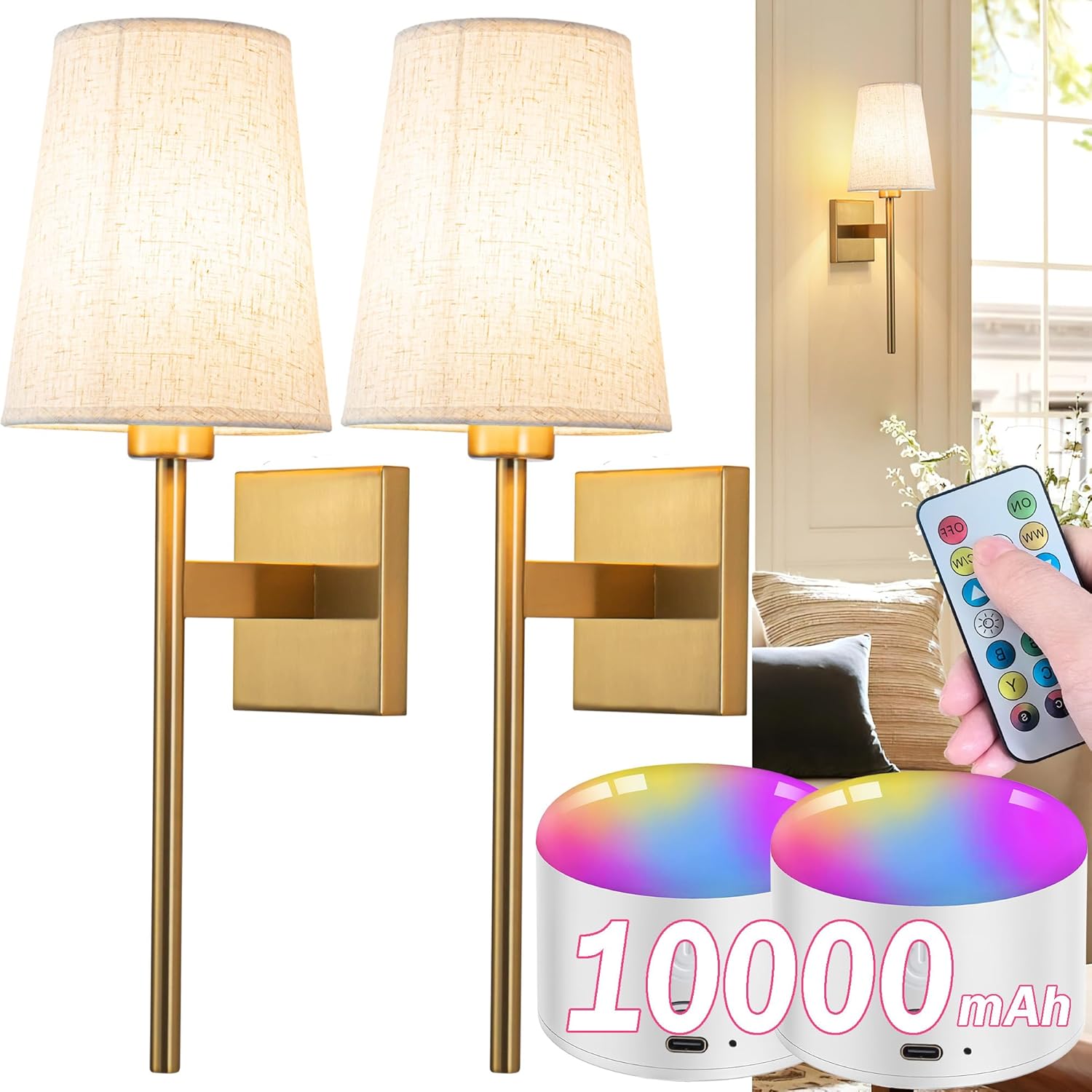 Battery Operated Wall Sconce Set Of Two, Wireless Wall Sconce Lighting with Remote Control, Indoor Dimmable Battery Operated Wall Lamp Light Fixture with 3 Color Temp Bulb For Bedroom Living Room ( Co