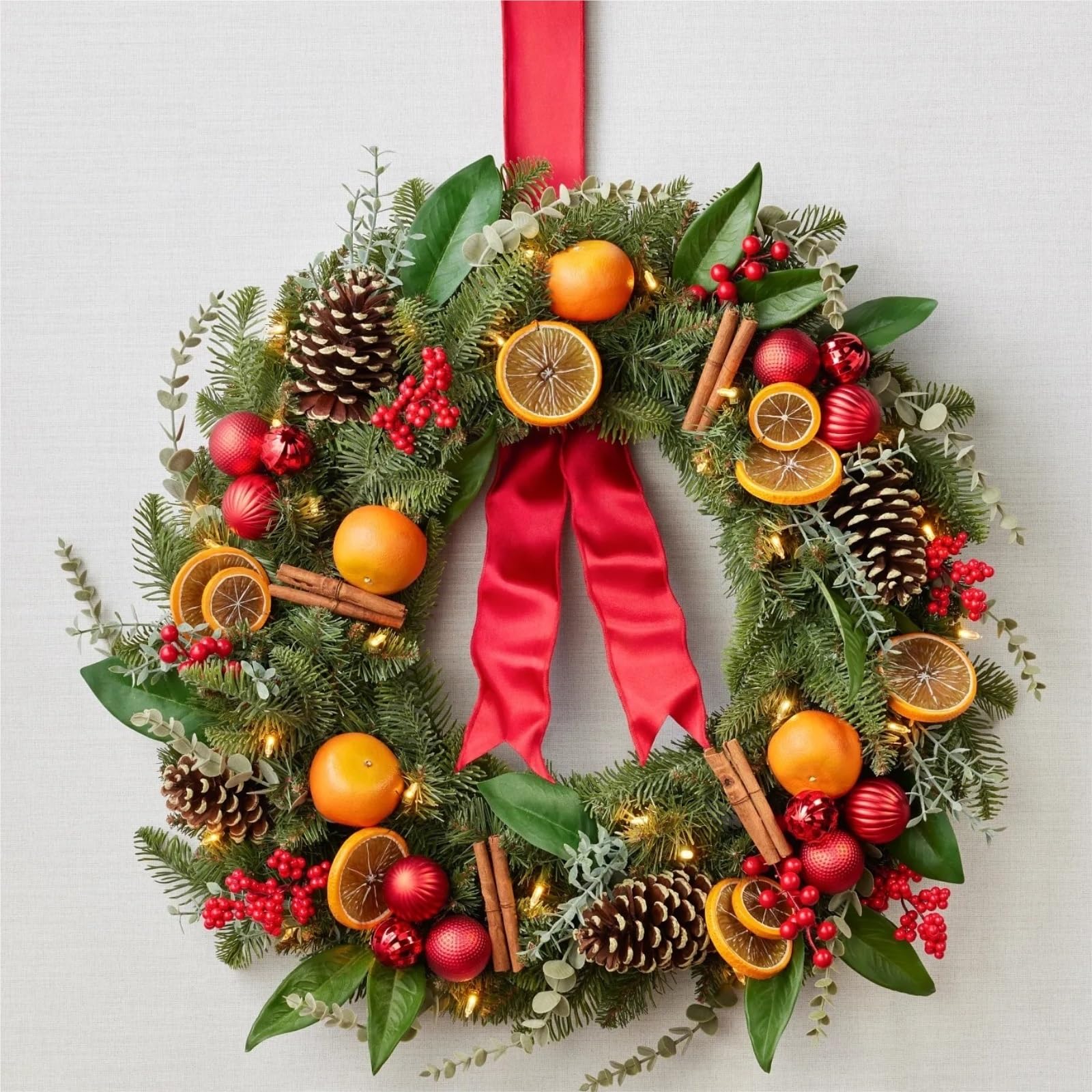 Winterkranz Dekokranz Weihnachtskranz Mit Künstlichen Orangefarbenen Weihnachtskugeln Als Tischdekoration Adventskranz Christbaumschmuck(80CM)