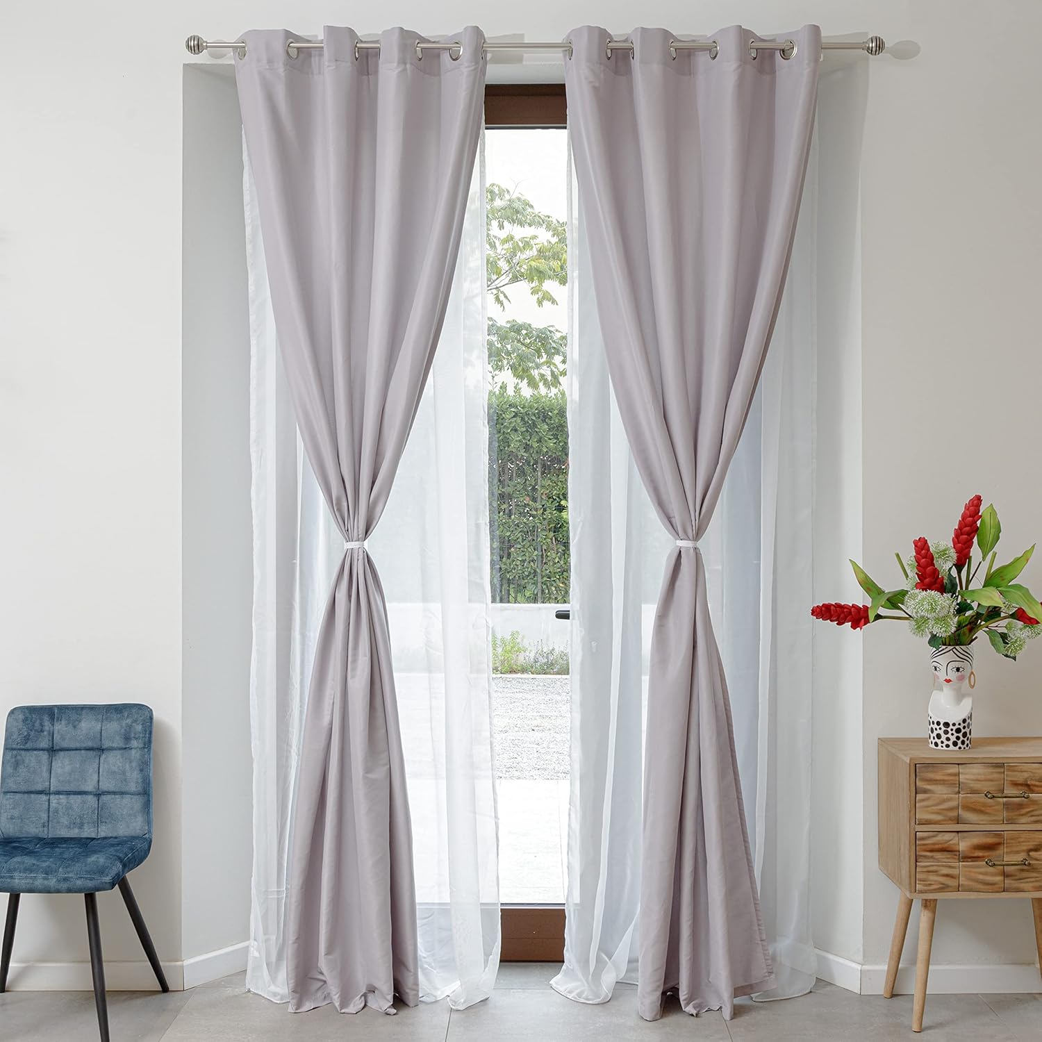 set di 2 tende di velluto opache, tenda grigia a nastro con