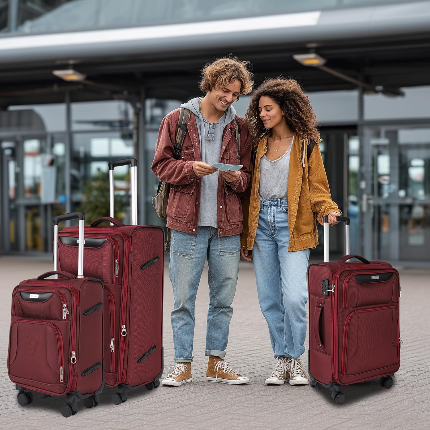 WireHot 3-Piece Softside Expandable Luggage Set with Front Open Pocket, Lightweight and Durable Oxford Fabric Suitcase Set with TSA Lock (Burgundy Wine Red, 20in/24in/28in)