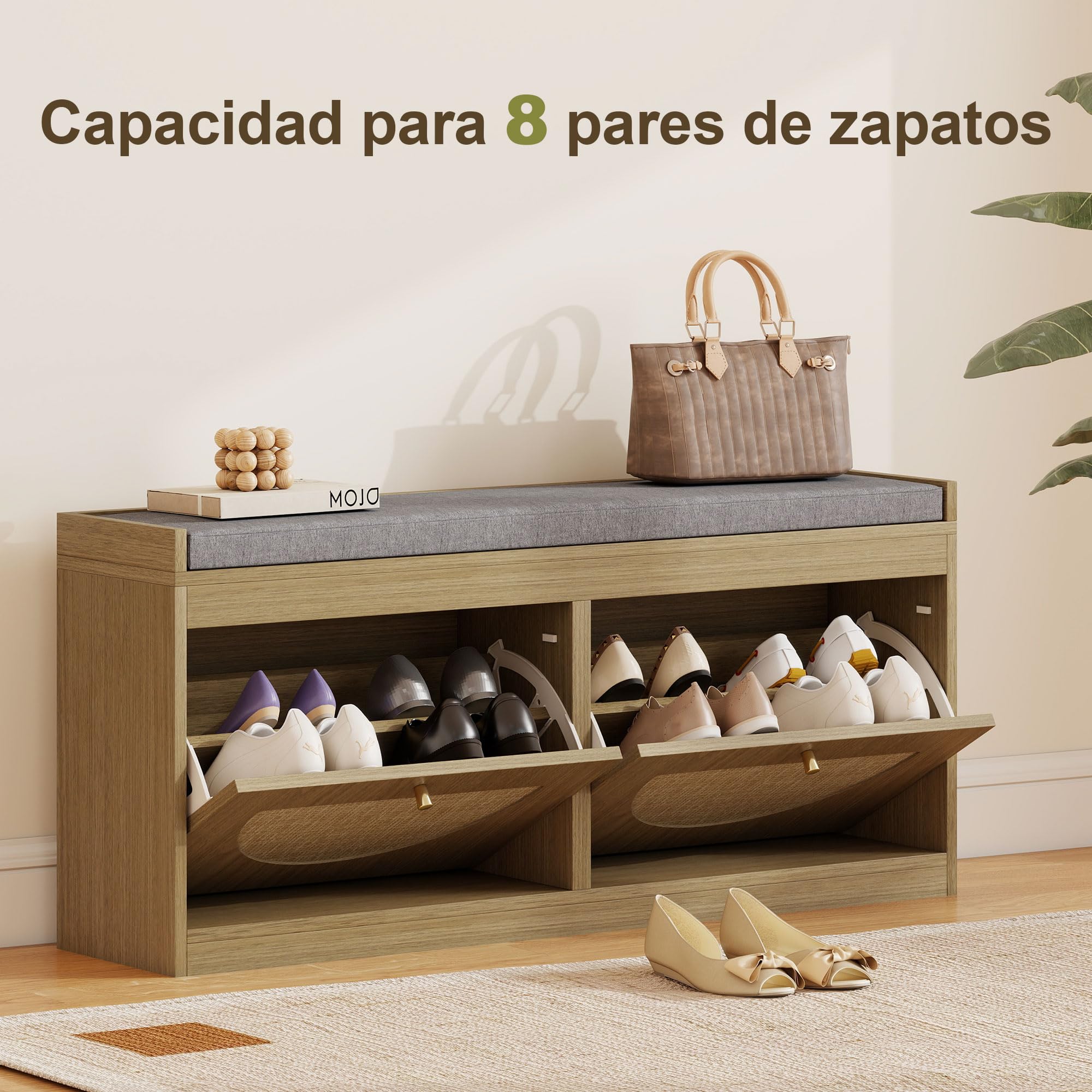 HOMCOM Banco Zapatero Bohemio con Asiento Acolchado 105x35x47 cm Natural | Banco Recibidor, Puertas Frentes de Ratán, Estante Ajustable, para 8 Pares de Zapatos, para Entrada