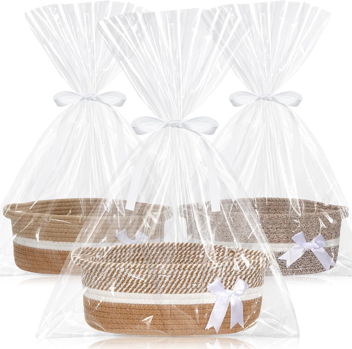 Colingmill 3 Pack Graduation Small Bow Woven Basket Empty with Handles Gift Bags and Ribbon 12" x 8" x 5" Gift Baskets to Fill Storage Box Pet Toy Wedding Presents(Brown)
