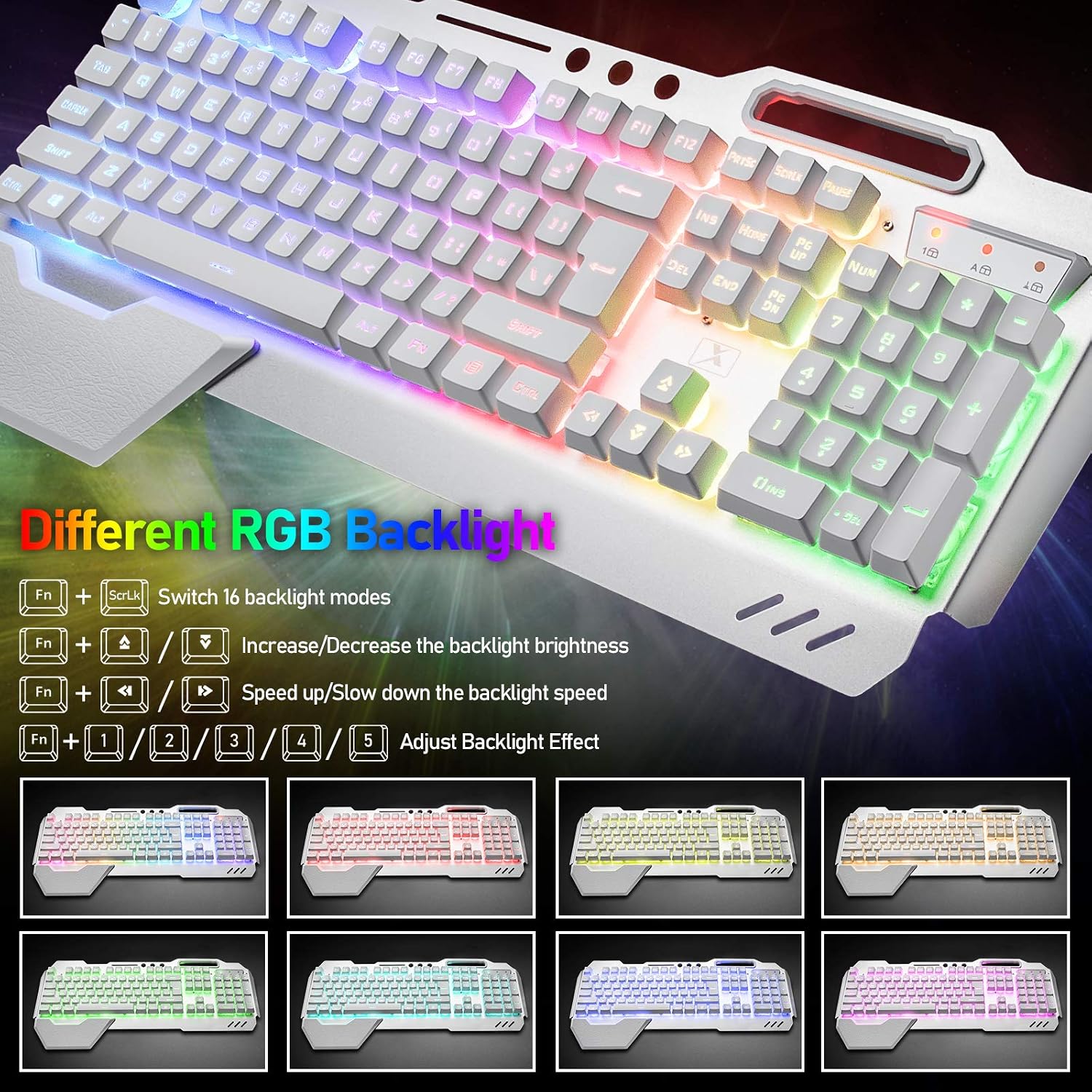One-Day Sale: Up to 40% Off Wireless Gaming Keyboard and Mouse with Removable Palm Rest Rainbow LED 16RGB Backlit Rechargeable 4800mAh Battery Metal Panel Mechanical Ergonomic Waterproof Dustproof for Laptop PC Gamer(White RGB)