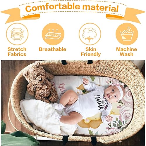 Miniatura 5 de Juego de 4 sábanas de moisés personalizadas para bebé, elásticas y ultra suaves, con nombre personalizado, ajuste universal para colchón de moisés