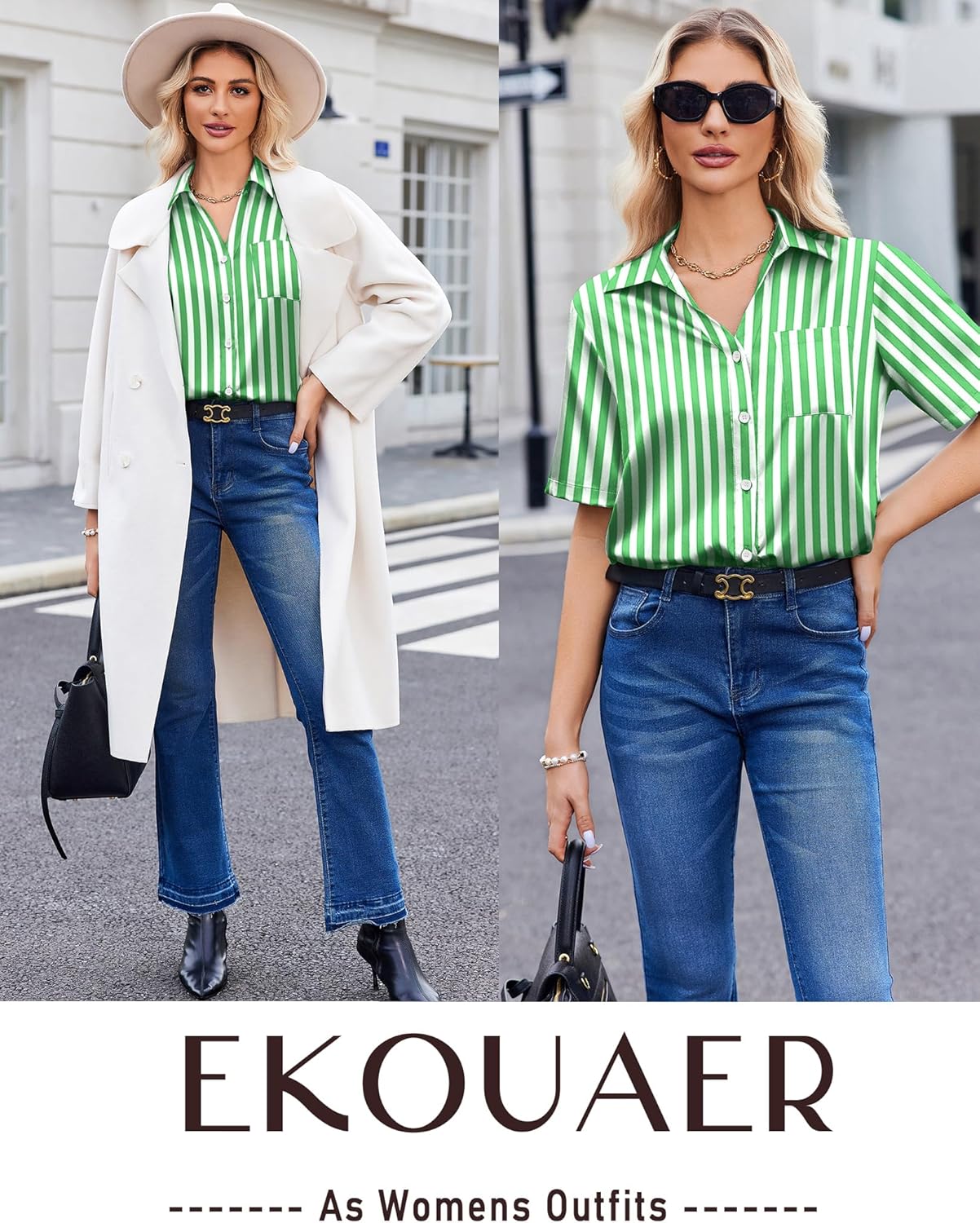 Ekouaer Silk Pajamas for Womens Set 2 Piece Satin Pjs Soft Button Down Sleepwear Wide Leg Long Pants with Pockets - Image 5