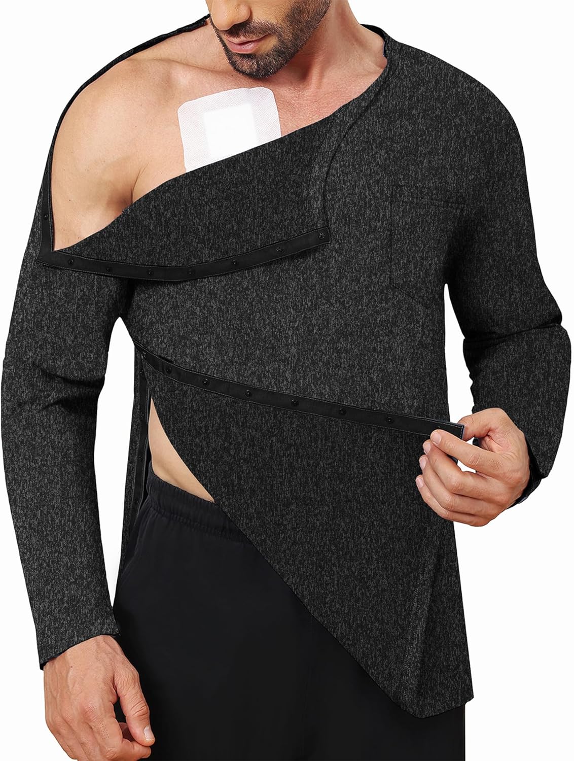 Fleece Lined Men's Post Shoulder Surgery Recovery Shirt Full Snap Tear Away Long Sl...