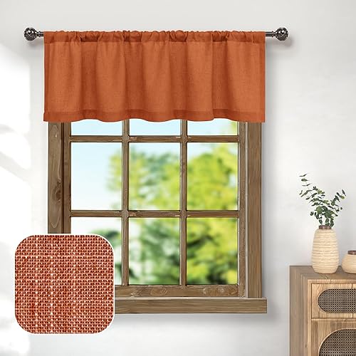 Cenefa de lino naranja quemado para ventana de cocina de 3 pulgadas con bolsillo para barra, semitransparente, filtrante de luz, estilo bohemio,