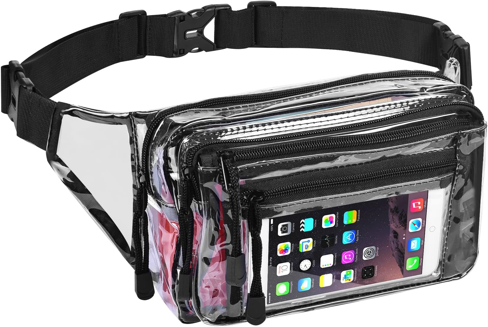 Greenpine Clear Multi-Purpose Fanny Pack with 5 Zipper Closure Pockets,Stadium Approved Waist Pack for Festival, Games,Travel and Concerts