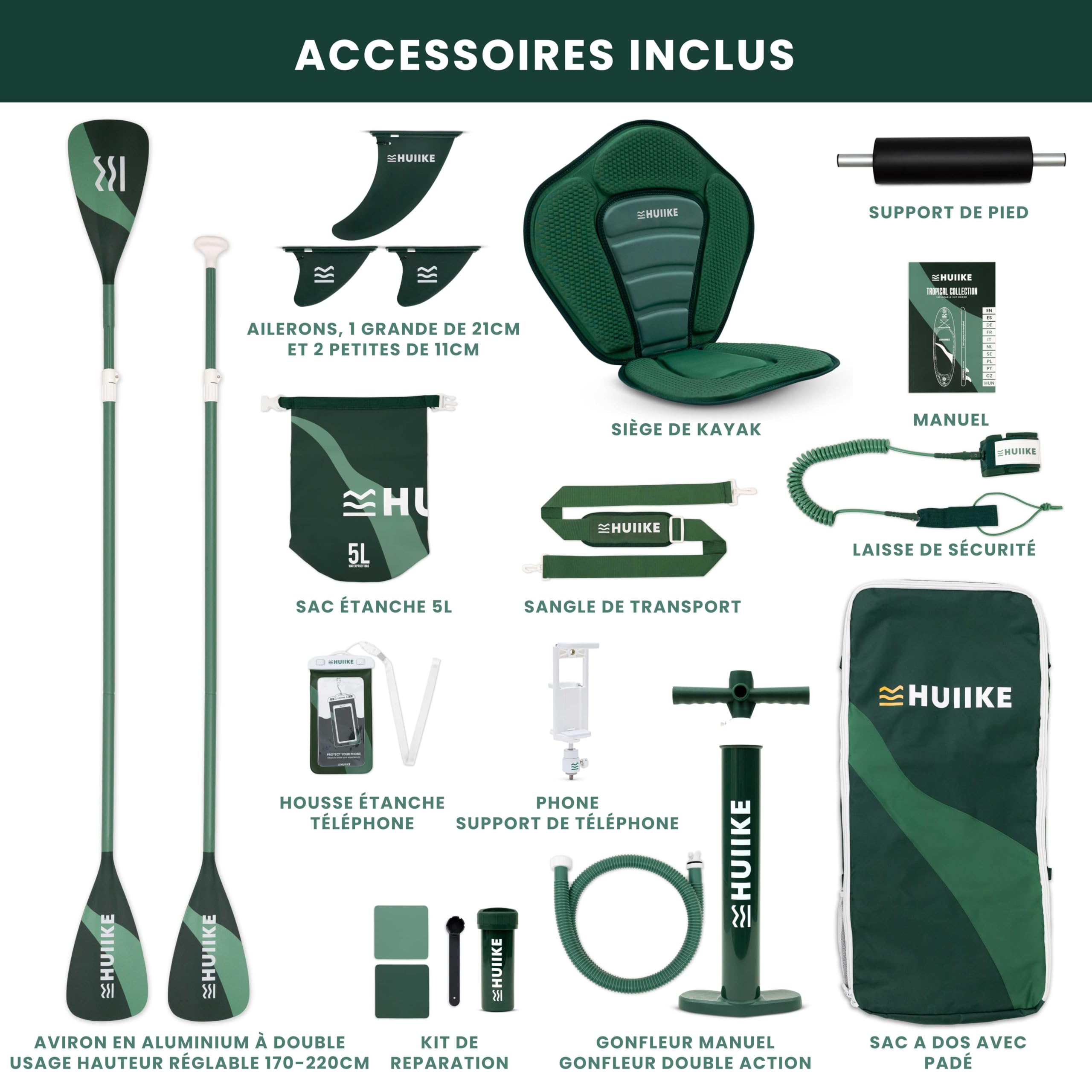 HUIIKE Paddle Gonflable Adulte avec Accessoires Inclus, Pagaie, Ailerons, Pompe. Planche de Stand Up Paddle Grande Stabilité et Résistance. 305 x 84 x 15 cm, Jusqu'à 130 kg