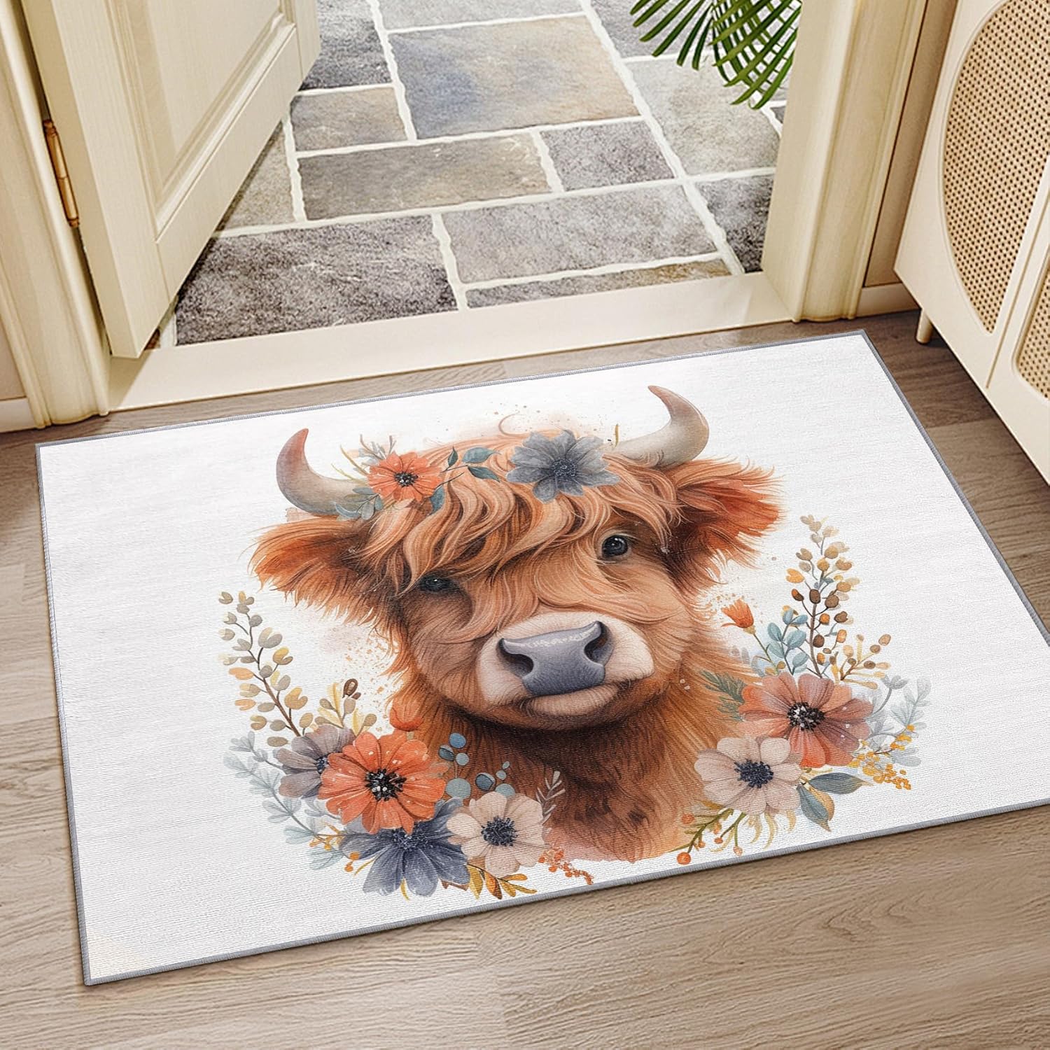 Highland Cow Decor for Nursery - 3x4 Rug - Highland Cow Rug - Cute Cartoon Cattle Area Rug - Floral Farm Animal Rugs - Botanical Farmhouse Animal Carpet - Home Decor