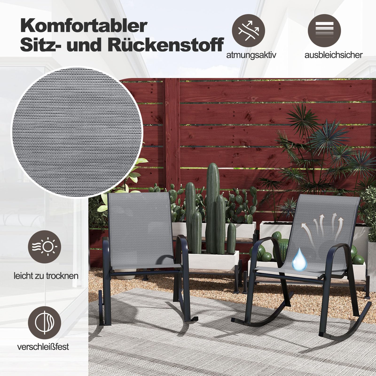 GOPLUS Schaukelstuhl 2er Set, Gartenstuhl atmungsaktiv mit ergonomischer Rücklehne & Armlehne, Balkonstuhl bis zu 150kg, Verandaschaukelstuhl Terassenstuhl für Garten Veranda Pool (Grau)