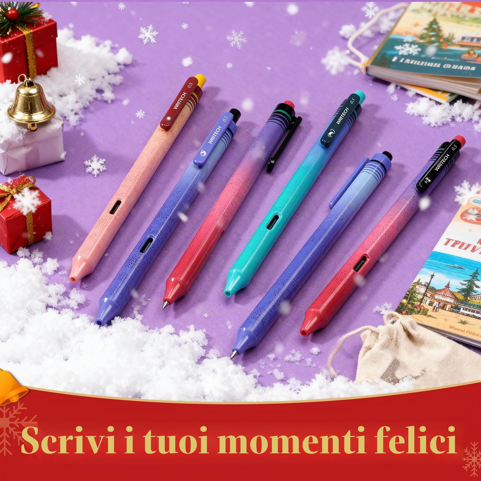 WRITECH Penne a gel con inchiostro nero: confezione da 8 Penne Retrowave a punta fine da 0,5 mm - Scrittura fluida, click silenzioso e ricaricabili, perfette per la scuola, l'ufficio e l'uso