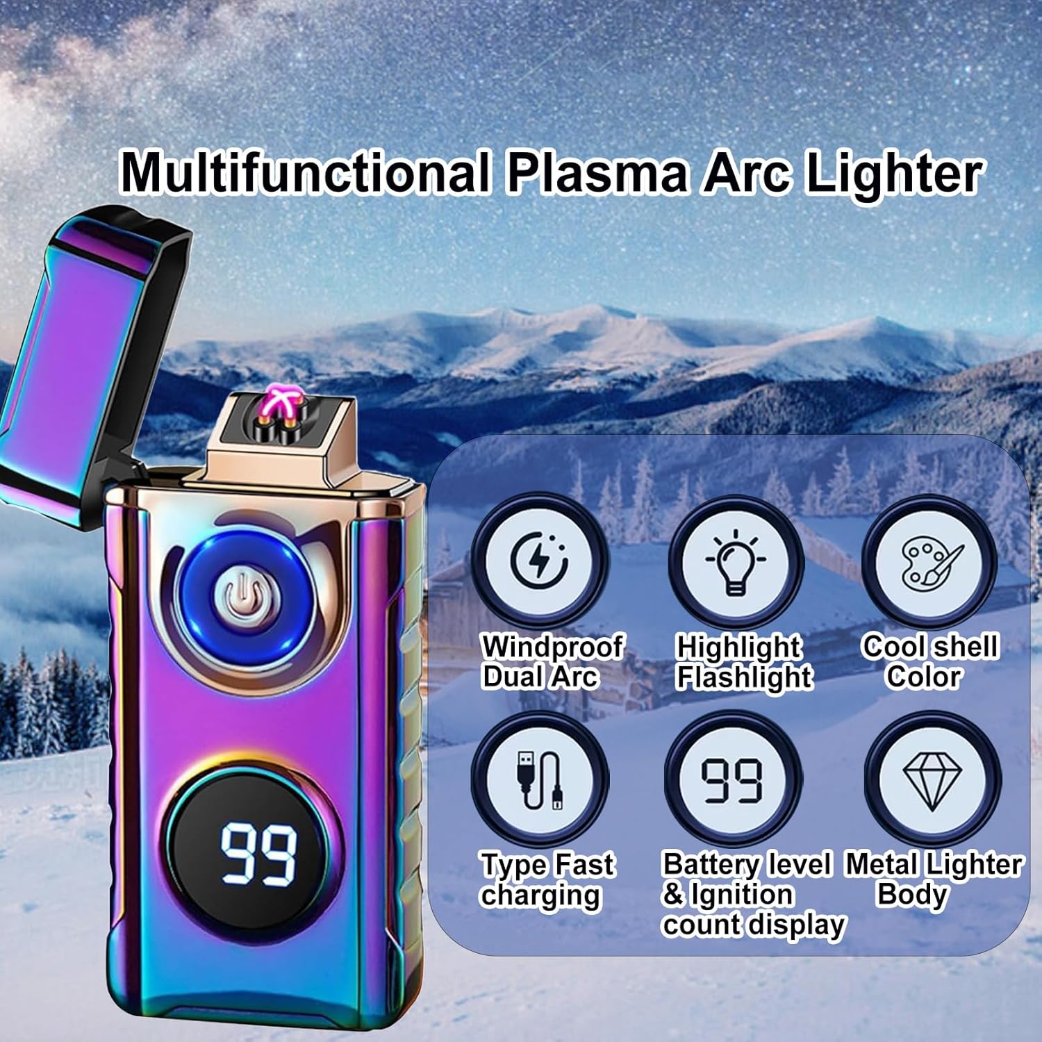 Electric Lighters Plasma Lighters Rechargeable with with LED LED Display and LED Emergency Lights Windproof USB Rechargeable Lighter Cool Lighte for Candle,Camping,Gift(Color)