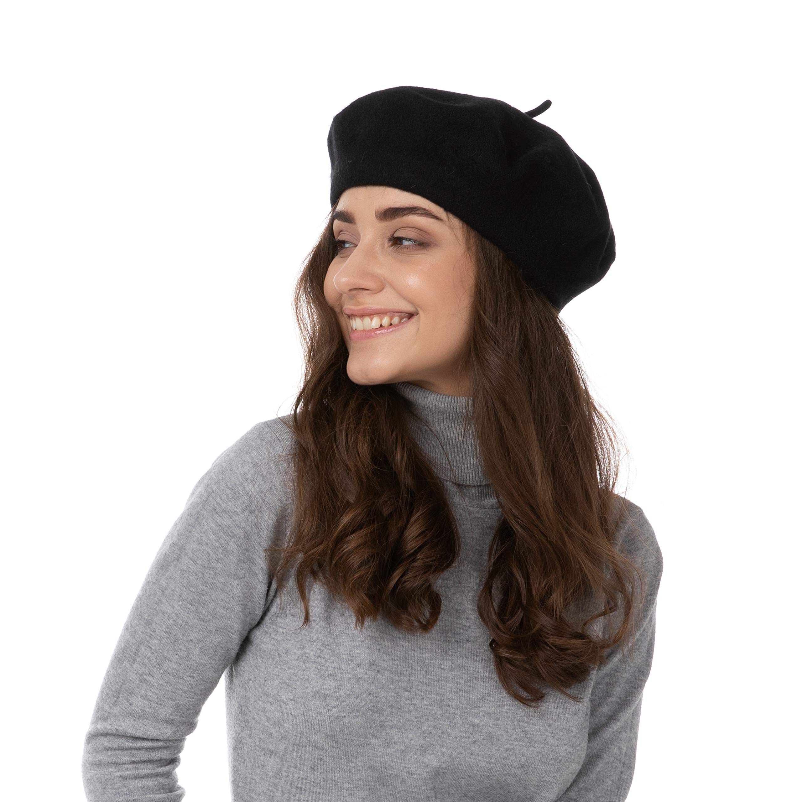 French Style Solid Color Wool Berets Beanies Cap Hats Vintage Hat (Black)