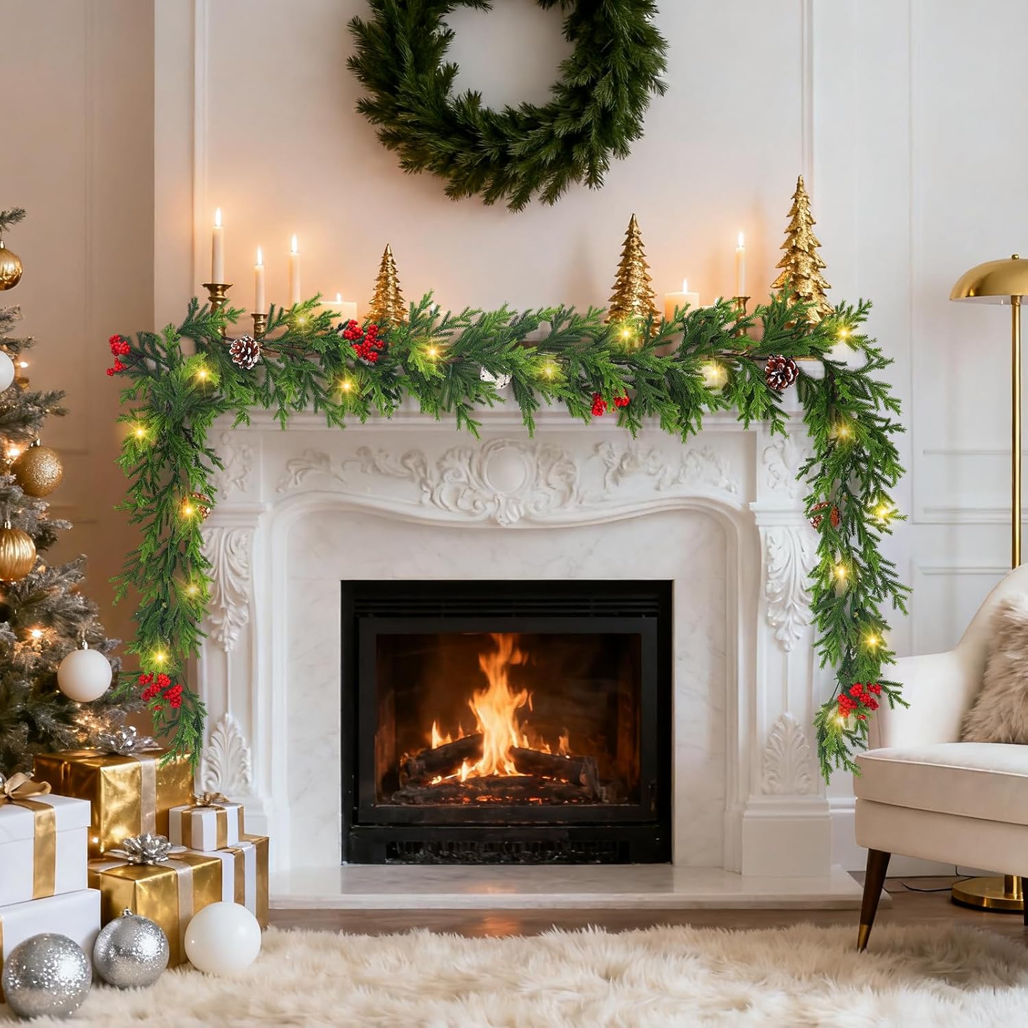6FT Prelit Christmas Garland with Lights, Realistic Cedar Garland with Red Berries Pine Cone Artificial Real Touch Greenery Lighted Xmas Garland for Mantle Stair Railing Fireplace Decorations