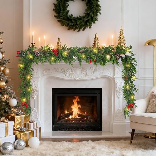 Miniatura 5 de Guirnalda de Navidad preiluminada de 6 pies con luces, guirnalda de cedro realista con bayas rojas, cono de pino artificial de tacto real, guirnalda