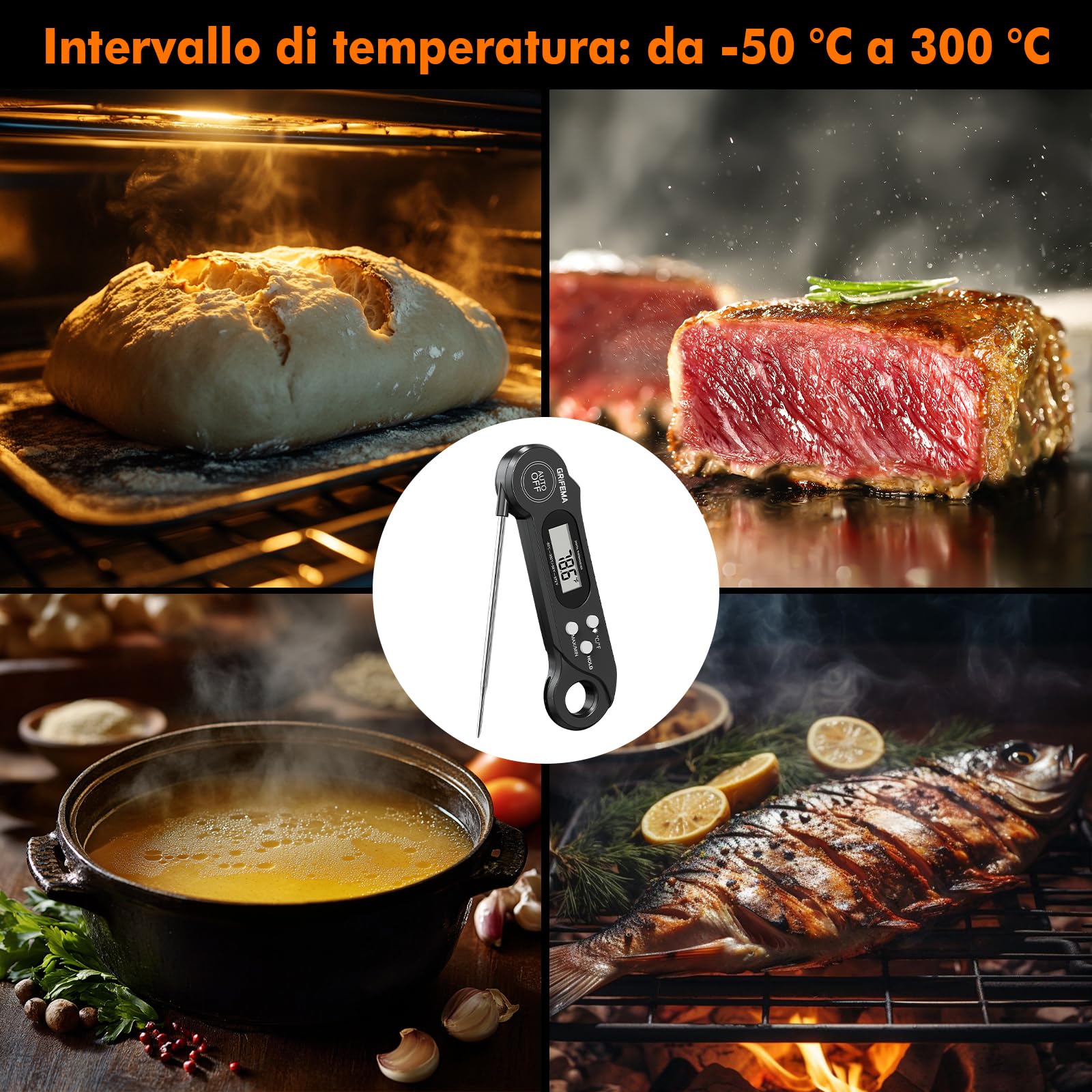 GRIFEMA GA2801 Termometro da Cucina Pieghevole Digitale per Alimenti Nero