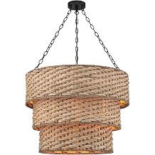 3-Tier Modern Coastal Rattan Chandelier Woven Rustic Chandeliers Farmhouse Hanging Light for Dining Room Kitchen Island, Living Room, Foyer Woven Shade-Matte Black Finish