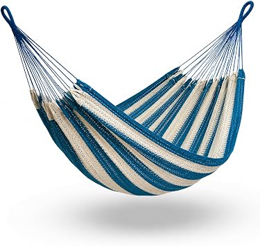 Hammock for 1-2 Person, 475 lbs Capacity Handwoven Mexican Hammock, 100% Soft Cotton 9.8 ft Mayan Hammock for Patio, Backyard, Indoor & Camping Medium, Light Blue