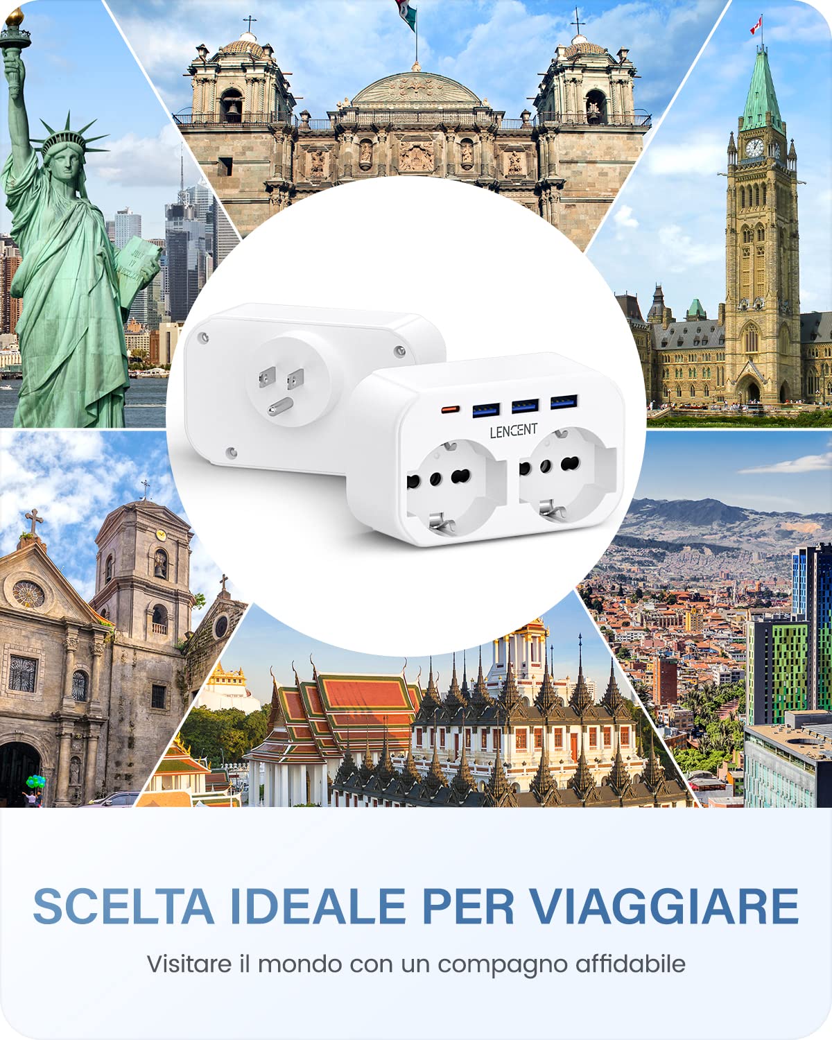LENCENT Adattatore Presa USA da Viaggio, Multipresa con 2 Prese e 3 USB e 1 USB-C, Presa Schuko da Muro, 2500W Adattatore Spina di Tipo B per Viaggio, Spina Stati Uniti per Canada, Messico, Cuba, ecc.