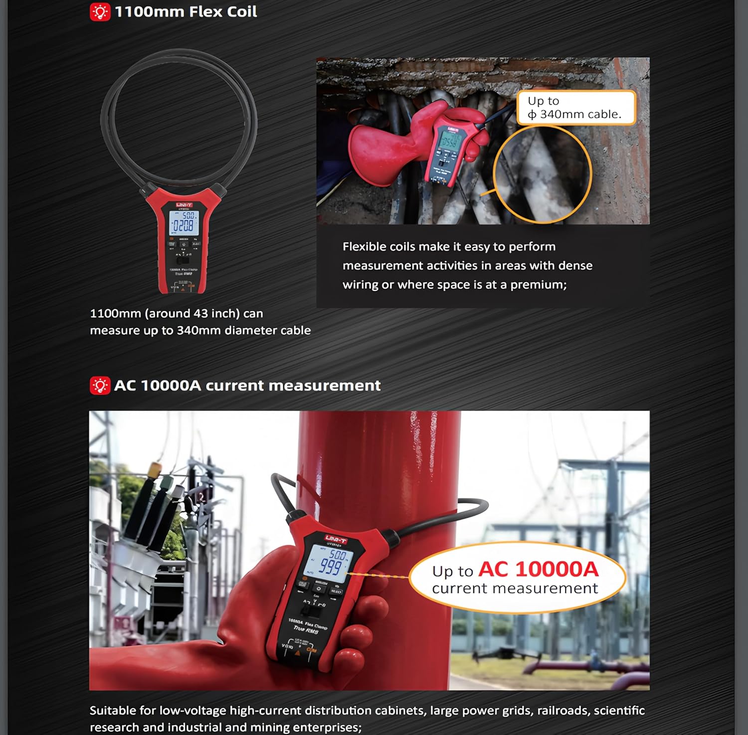 UNI-T Uni-Trend UT281E+ 10000A 1100mm 6000 Counts AC True RMS Flexible Clamp Meter Flexible high Precision and Multi Functional Flex Clamp Meter