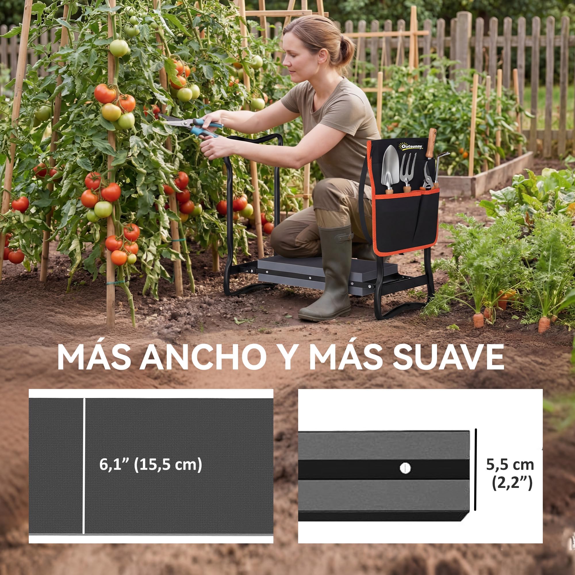 Outsunny Taburete de Jardín Plegable con Almohadilla de Espuma EVA, Asiento de Jardín Portátil con Bolsa para Herramientas en Cintura, Carga 150 kg, Regalo para Jardineros, Ancianos, Negro