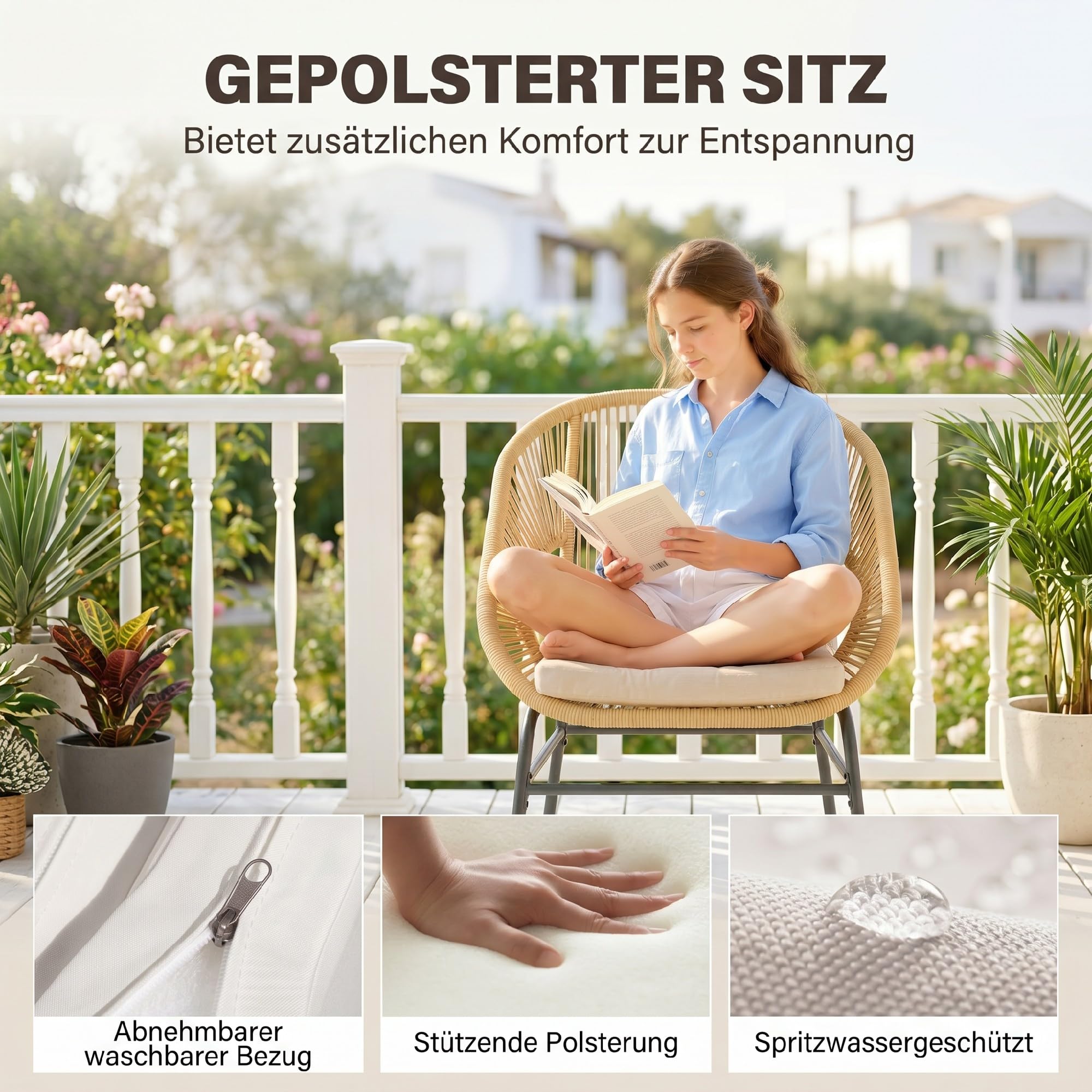 Outsunny Rattan Bistroset Ergonomische Sitzgruppe mit Glastisch Beige