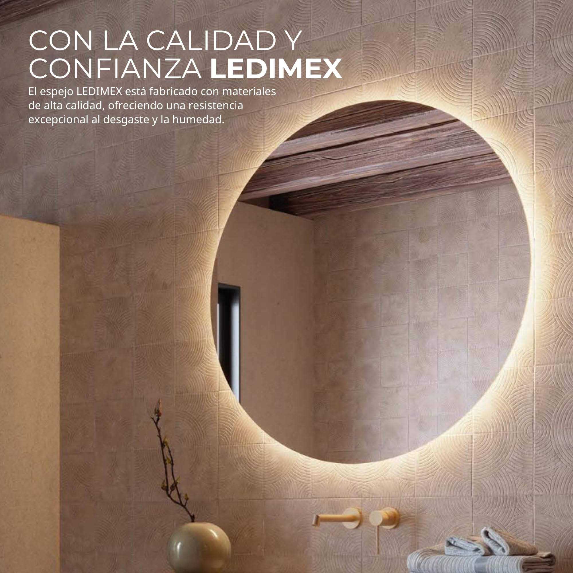 LEDIMEX - Espejo Redondo Baño con Luz LED 90cm Retroiluminado | Espejo Inteligente Pared con Luz Cálida 3000k sin Marco para Mueble de Baño | Serie Oporto