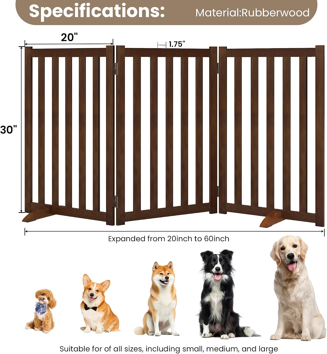 Wire Dog Gate Solid Wood Frame, Anti-Chewing, 3-Panel, 30" Height, 60" Width, Indoor Freestanding Pet Gate Foldable Wooden Dog Fences for Stairs, House, Doorway, Walnut