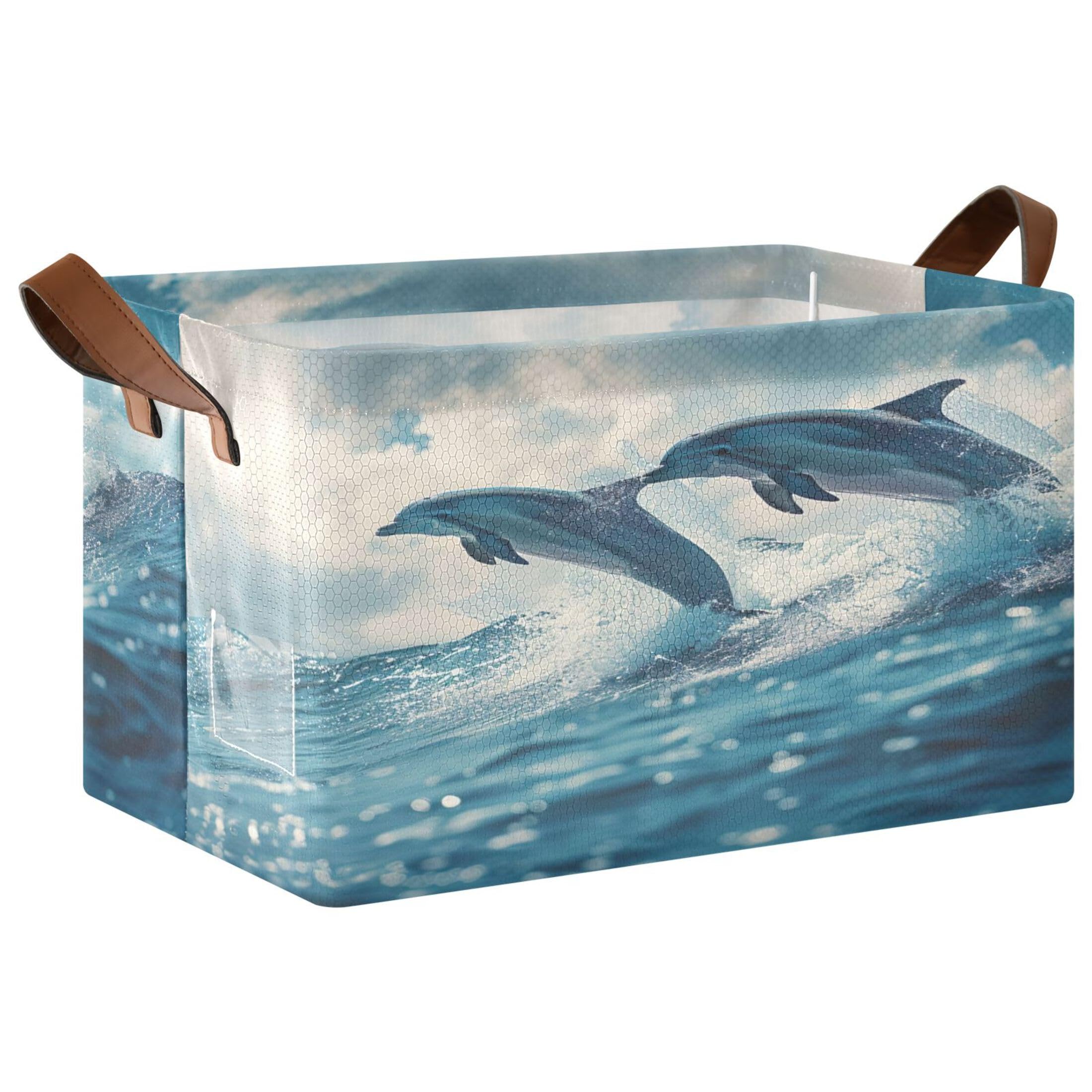 Kutsu Foldable Storage Basket Dolphins Surfing Collapsible Storage Bin with Handles for Shelves, Rectangle Basket for Home Nursery Decor, 16.9x11.4x10 in