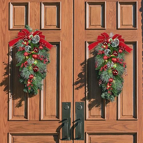 Miniatura 2 de YULETIME Botín de lágrima decorativo preiluminado de 24 pulgadas, funciona con pilas, guirnalda artificial de Navidad con luces de hadas, lazo rojo