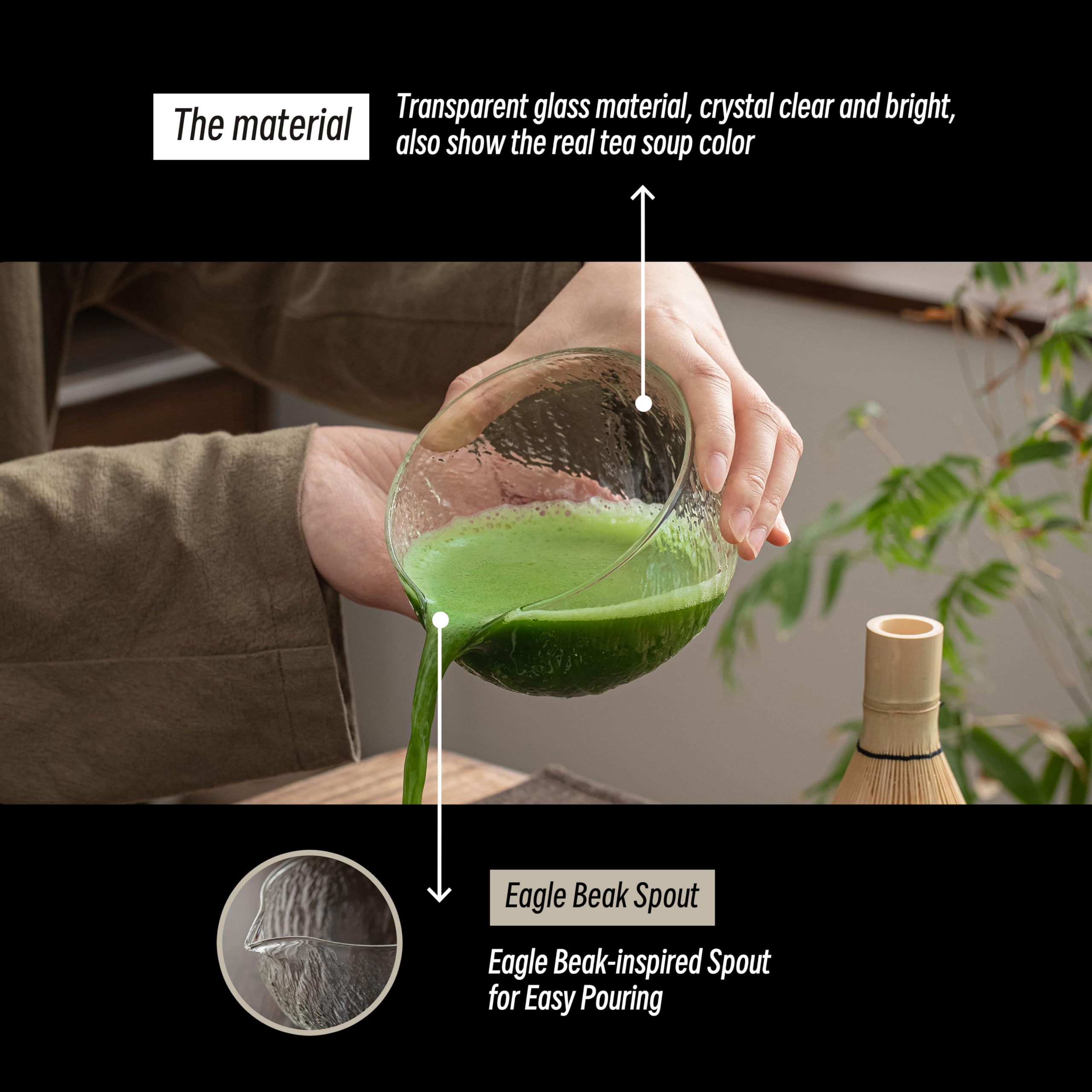 TEANAGOO 7pcs Matcha Set Mtacha Kit Matcha Bowl with Pouring Spout Bamboo Matcha Besen (chasen) Scoop (chashaku) Matcha Whisk Holder. N21, Klarglas, Matcha Grünteepulver...
