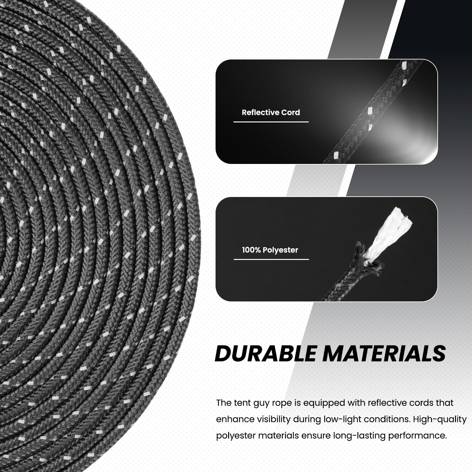 Abma Cord Linka Namiotowa 5mm 30M Sznurek Napinający 6 Szt Napinacze Wytrzymała Linka Prowadząca do Kemping, Markiza, Altanę, Plandekowych - Odblaskowy czarny | Odblaskowy, namiot, kemping, pawilony, markiza, plandeka, wędrówki z plecakiem
