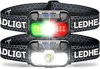 Vista 1 de Paquete de 2 faros LED recargables con luz verde y roja, 1300 lúmenes, linterna ultra brillante para campamento, correr, senderismo, pesca, sensor
