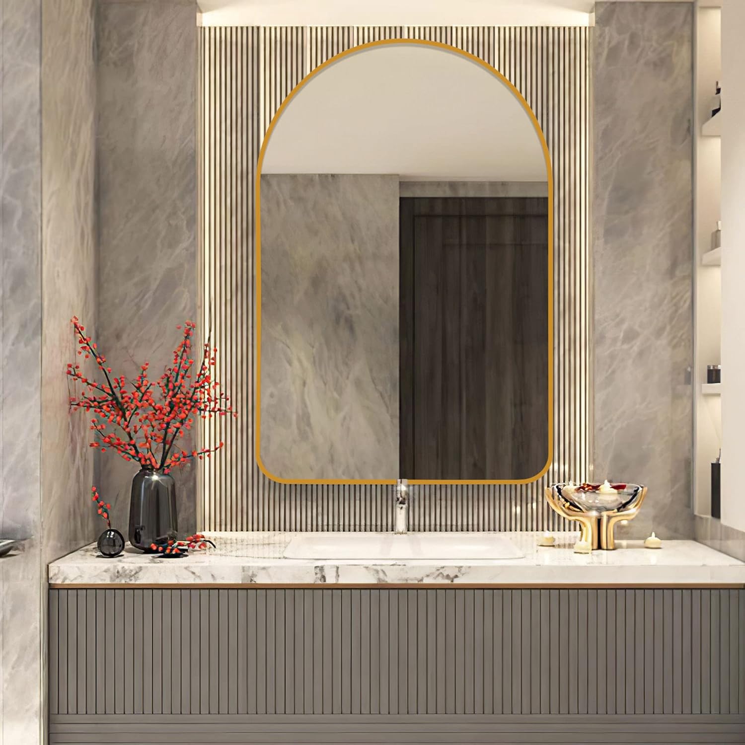 NeuType Arched Wall Mirror,36"x24", Full Length Mirror, Hanging or Leaning Against Wall,Large Bedroom Mirror, Floor Mirror, Dressing Mirror, Aluminum Alloy Thin Frame, Rounded Corners,Gold