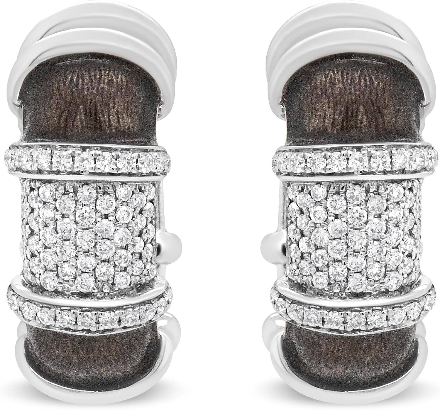 18K White Gold Flash Plated .925 Sterling Silver Clear Graphite Grey Enamel 5/8 Cttw Round Diamonds Huggie Hoop Earrings (F-G Color, VS1-VS2 Clarity)