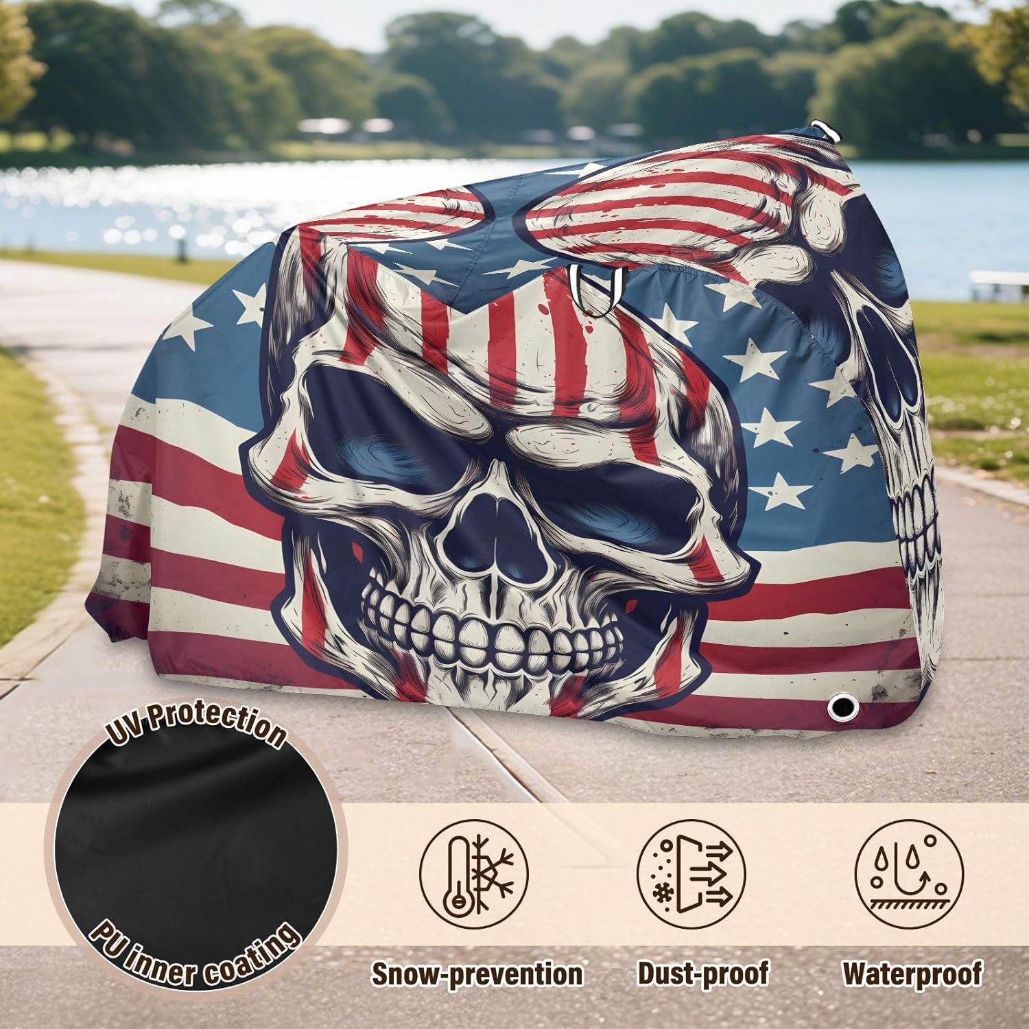 ALAZA American Flag Skull Bike Cover Waterproof Outdoor Ebike Bicycle Covers Tarp Protection for 1/2 Bikes, Sun UV Dust Wind Proof