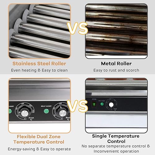 Miniatura 8 de Happygrill Máquina de rodillos para perros calientes, parrilla eléctrica de salchichas con 18 perros calientes, 7 antiadherentes, bandeja de goteo