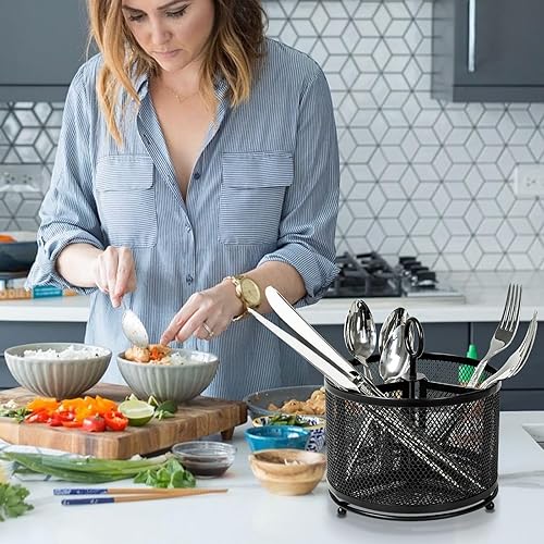 Miniatura 6 de Soporte de metal para utensilios de cocina, organizador giratorio de 3 compartimentos, organizador de cubiertos, cuchara, tenedor, almacenamiento