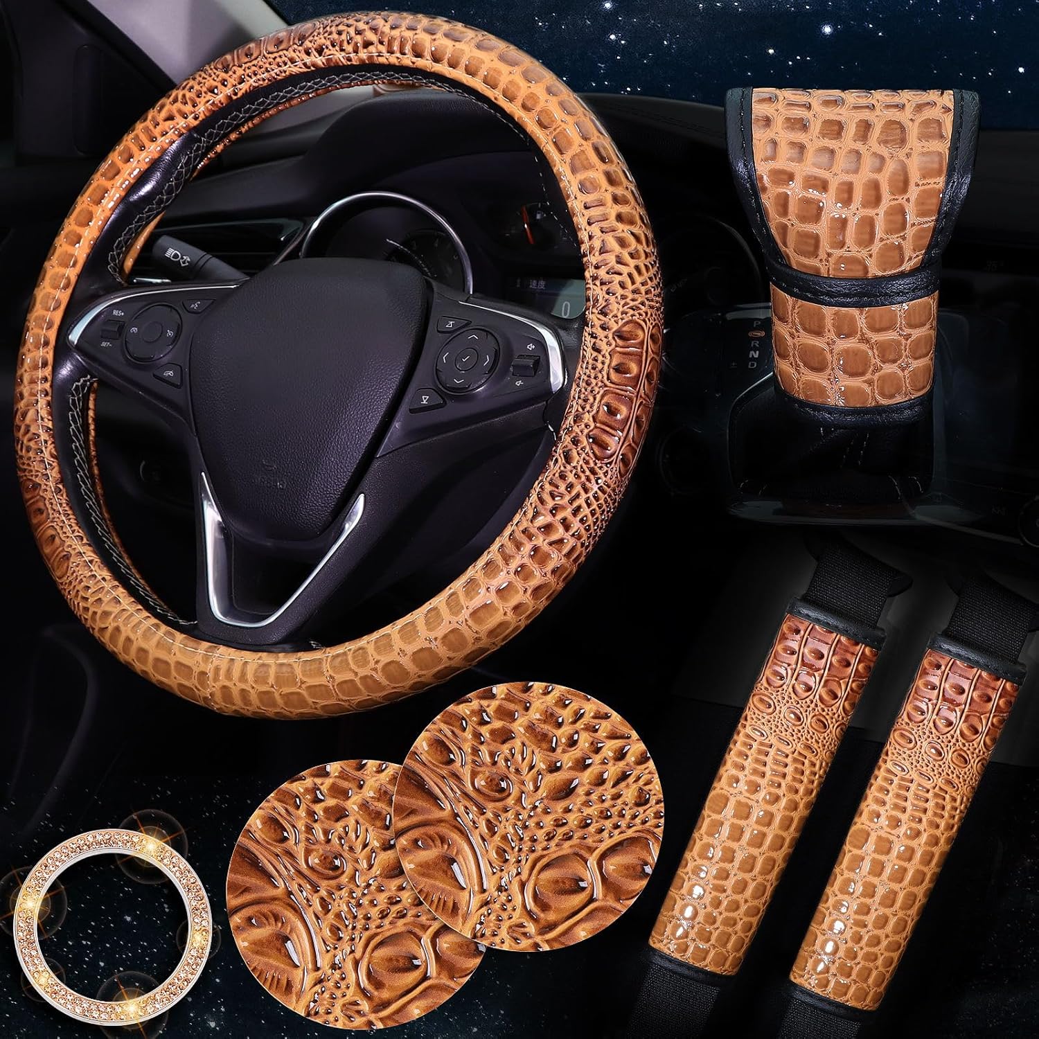 7 Pcs Vintage Western Steering Wheel Cover Set - Wood Grain Crocodile Steering Wheel Cover Universal Fit 15 in, Seat Belt Cover, Car Coaster, Shift Knob Cover, Car Start Rings, Brown