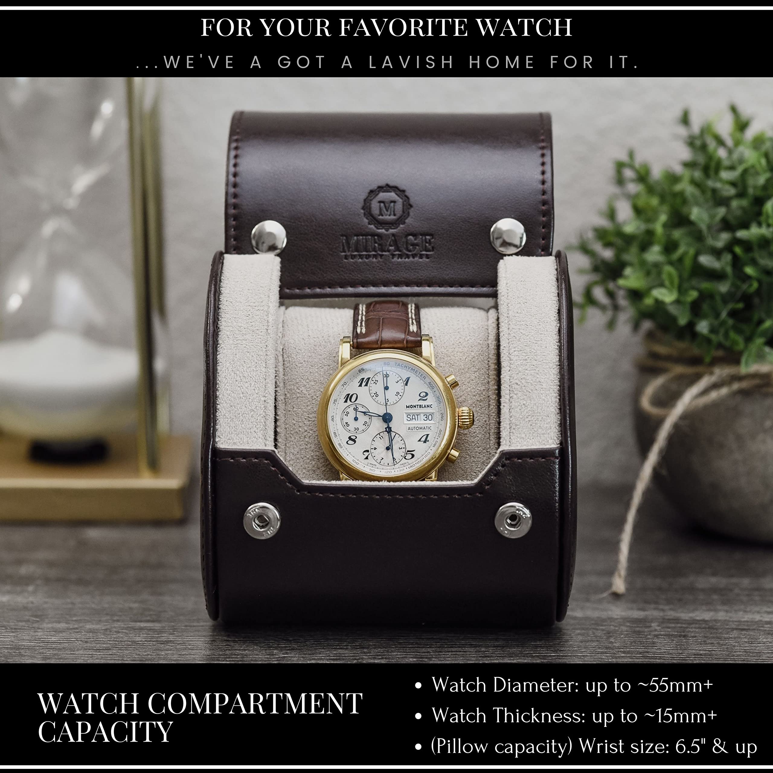 Brown/Ivory - 1 Watch Travel Case for Men - Single Watch Case Storage - Gift Idea Travel Accessory - Espresso Brown/Ivory - Mirage Watch Roll Cases