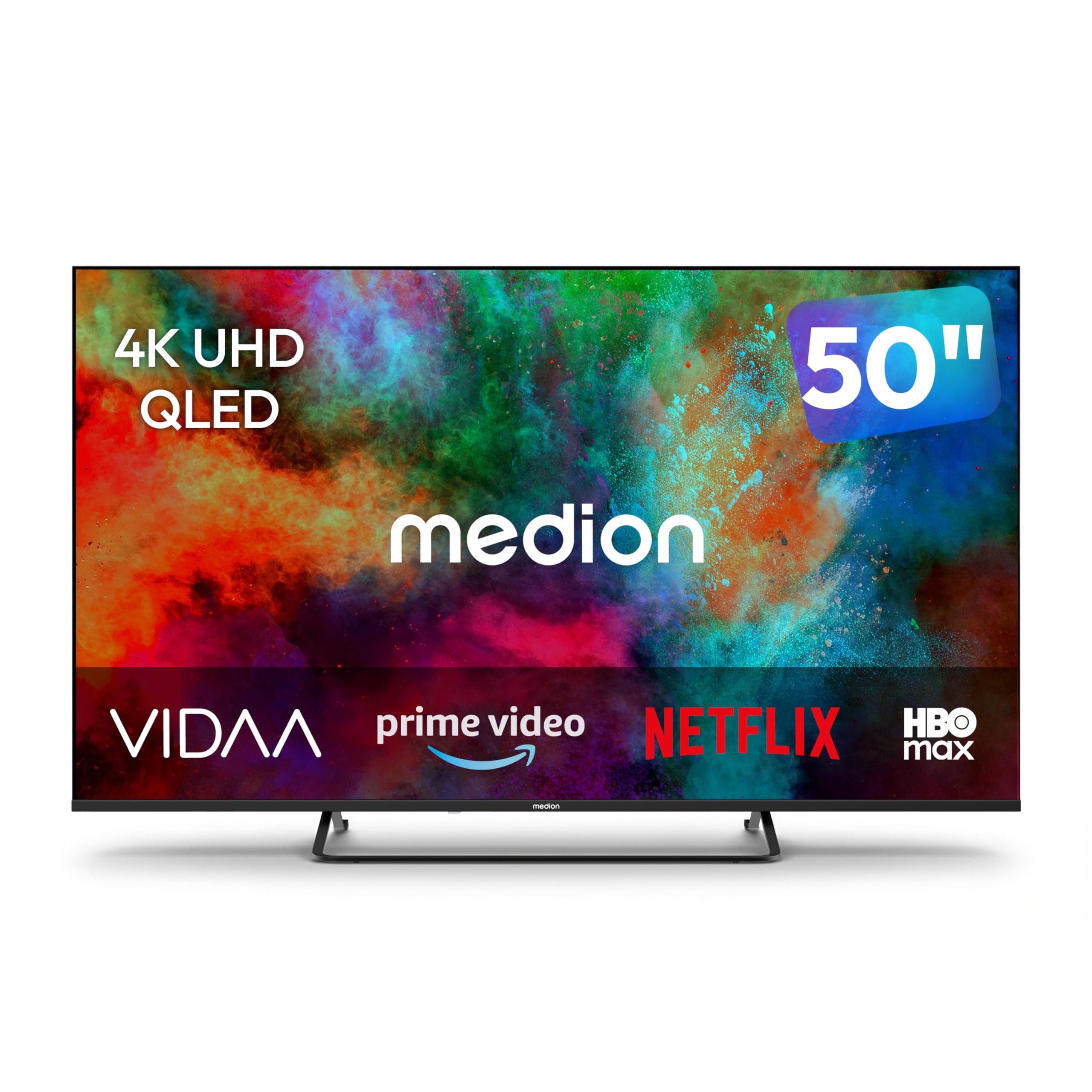 MEDION 125.7 cm 50" Televisor QLED Ultra HD Smart TV Dolby Vision HDR Dolby Atmos Vida Store Prime Video Disney+ DAZN HbbTV PVR Bluetooth HD+, MD850602