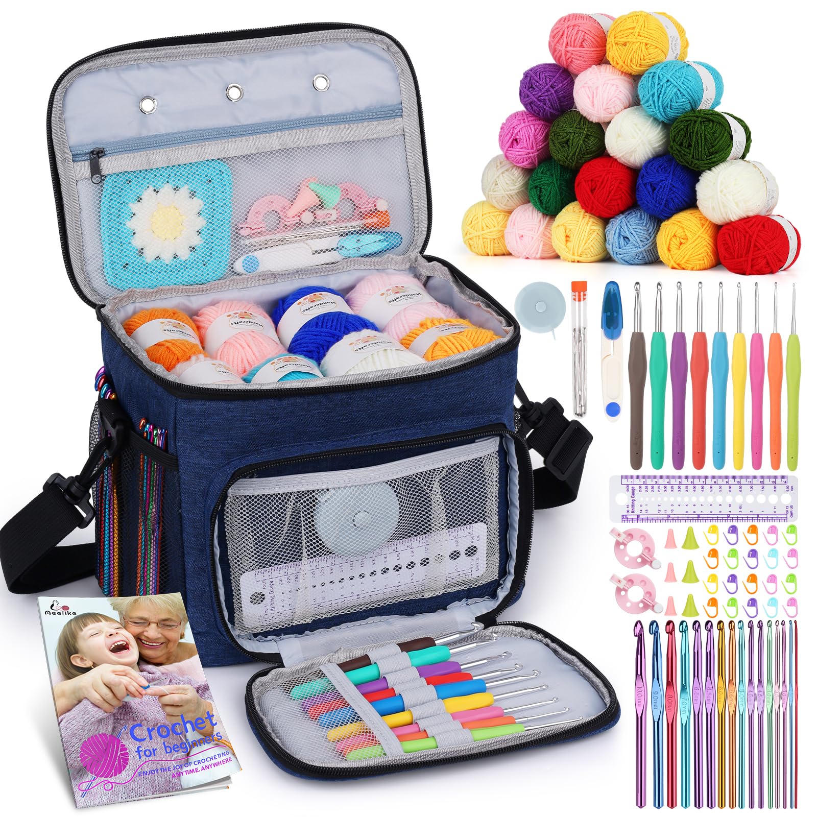 Aeelike Komplettes Anfänger-Set, 87-teilig, Häkelset für Anfänger und Erwachsene, marineblaue tragbare Garntasche, 23 Häkelnadeln, Garn 20 Farbknäuel, Anleitung und Häkelzubehör