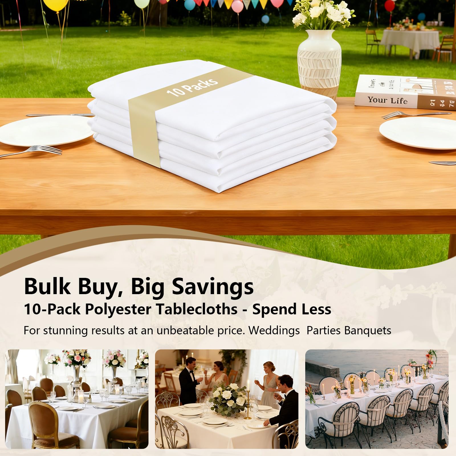 Mantel rectangular, mantel blanco para mesas rectangulares de 8 pies, resistente a las manchas y mantel de poliéster lavable para fiestas, bodas y banquetes (paquete de 10, 60 x 126 pulgadas)