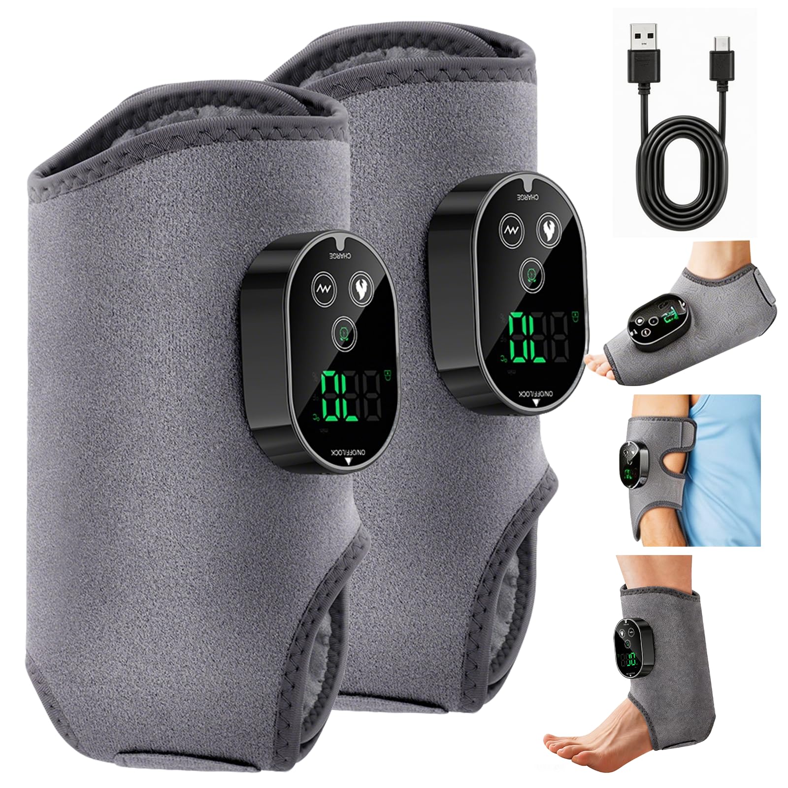 Masseur Pied Électrique,2 Pièces Appareil Massage Pied Sans Fil avec 3000mAh Batterie,3 Intensités de Vibration,6 Niveaux de Température,Massageur de Cheville pour Personnes Âgées,Travailleurs Debout