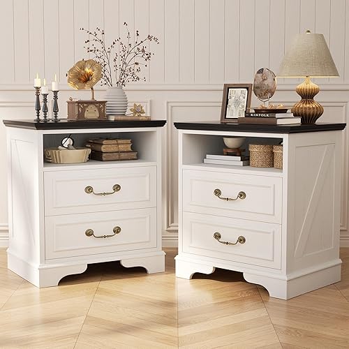 Unikito Farmhouse Nightstands Set of 2, Night Stands with Charging Station, Bedside Table with 2 Large Drawers & Vintage Handles, Side Table with