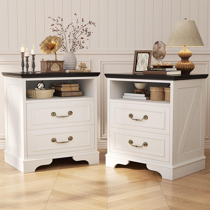 Unikito Farmhouse Nightstands Set of 2, Antique White | Charging Station, 2 Large Drawers with Vintage Handles, Open Storage Side Table for Bedroom, Living Room, Home Office