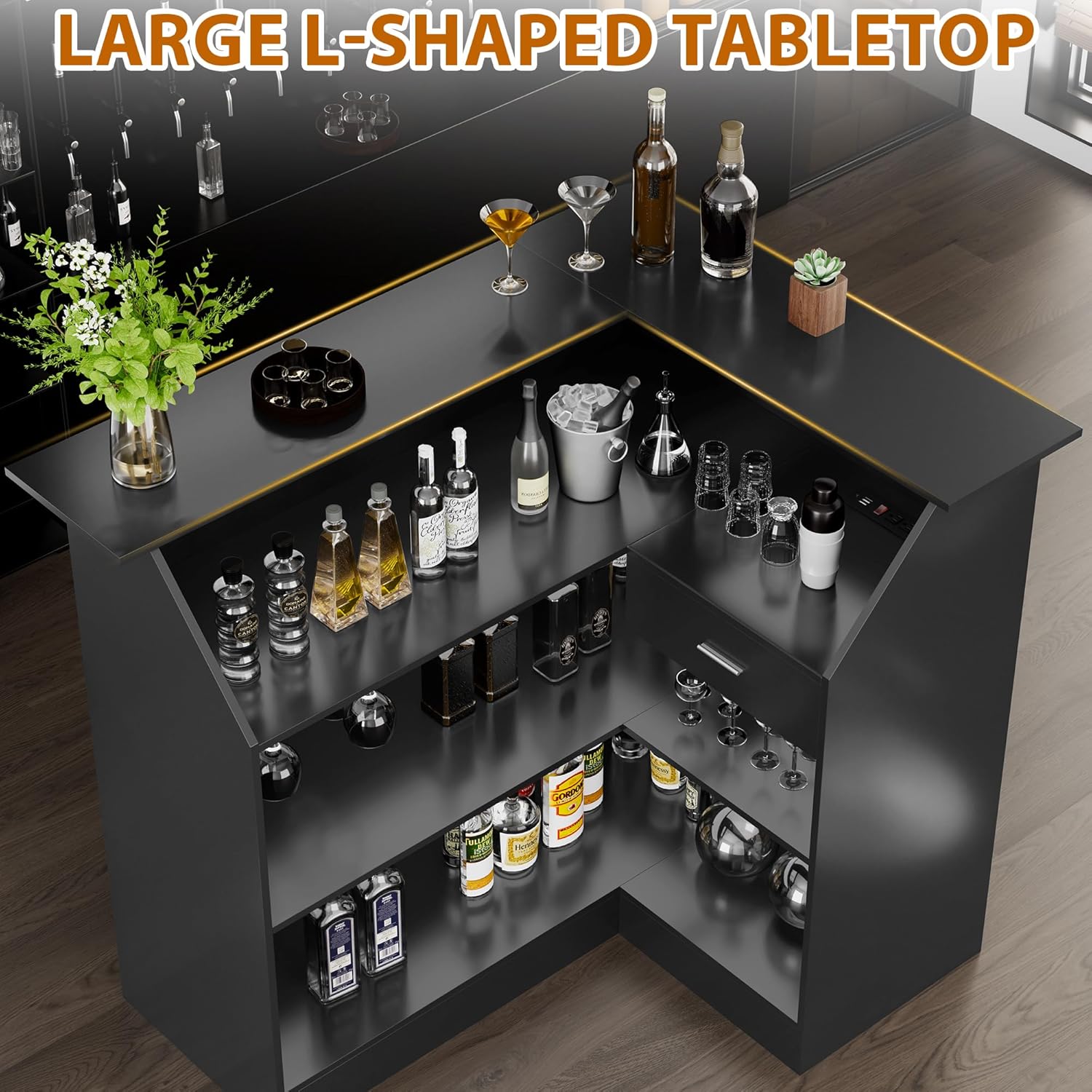 L-Shaped Home Bar Unit with Power Outlet, 4-Tier Corner Liquor Bar Cabinet with Storage Shelves, Drawer, Wine Glasses Holder, Wine Cabinet Reception Desk for Home Pub (L-Shape without Fridge Space)
