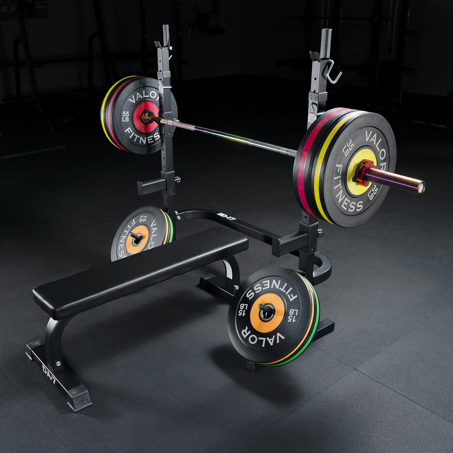 Valor Fitness Adjustable Power Squat Rack with J-Hooks, Locking Safety Catches, and Plate Storage – Home Gym Bench Press Station – Max Weight 475 lbs