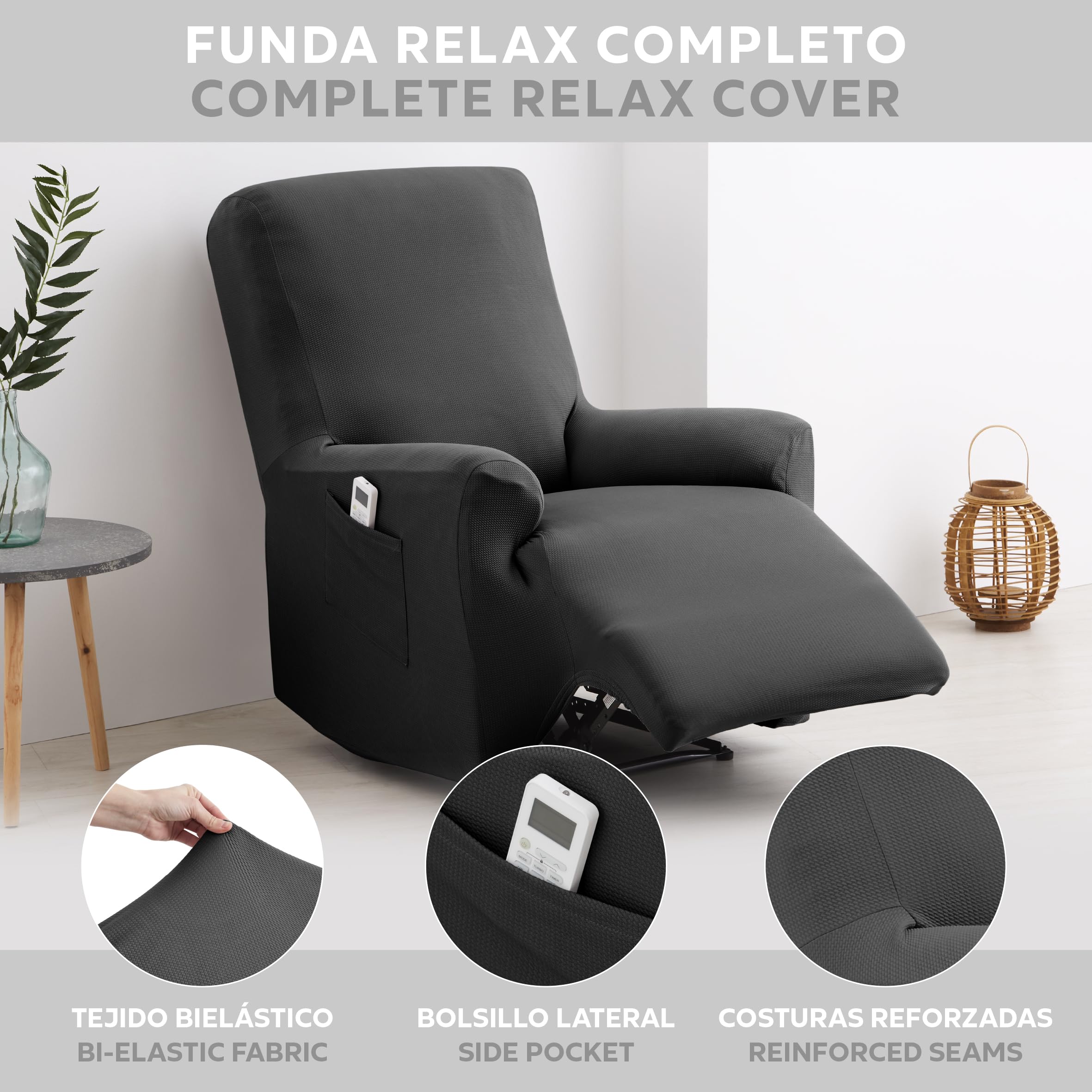Textilhome Relaxsessel Bezug 1-Sitzer Jacquard Stretchhusse für Relaxsessel, Elastischer Relaxsesselbezug & Überzug, Sesselschoner Waschbar, Grey 70–100 cm